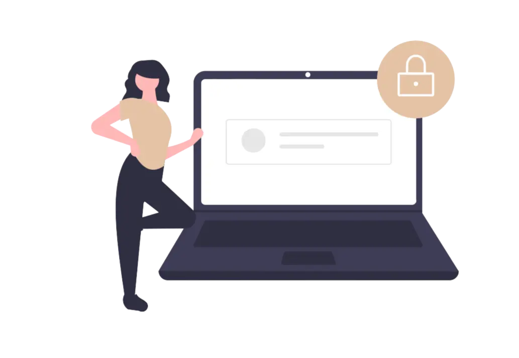 Dessin femme appuyer sur un ordinateur avec un cadenas dessus pour montrer un site web sécurisé - Media Boost Dessin femme appuyer sur un ordinateur avec un cadenas dessus pour montrer un site web sécurisé - Media Boost
